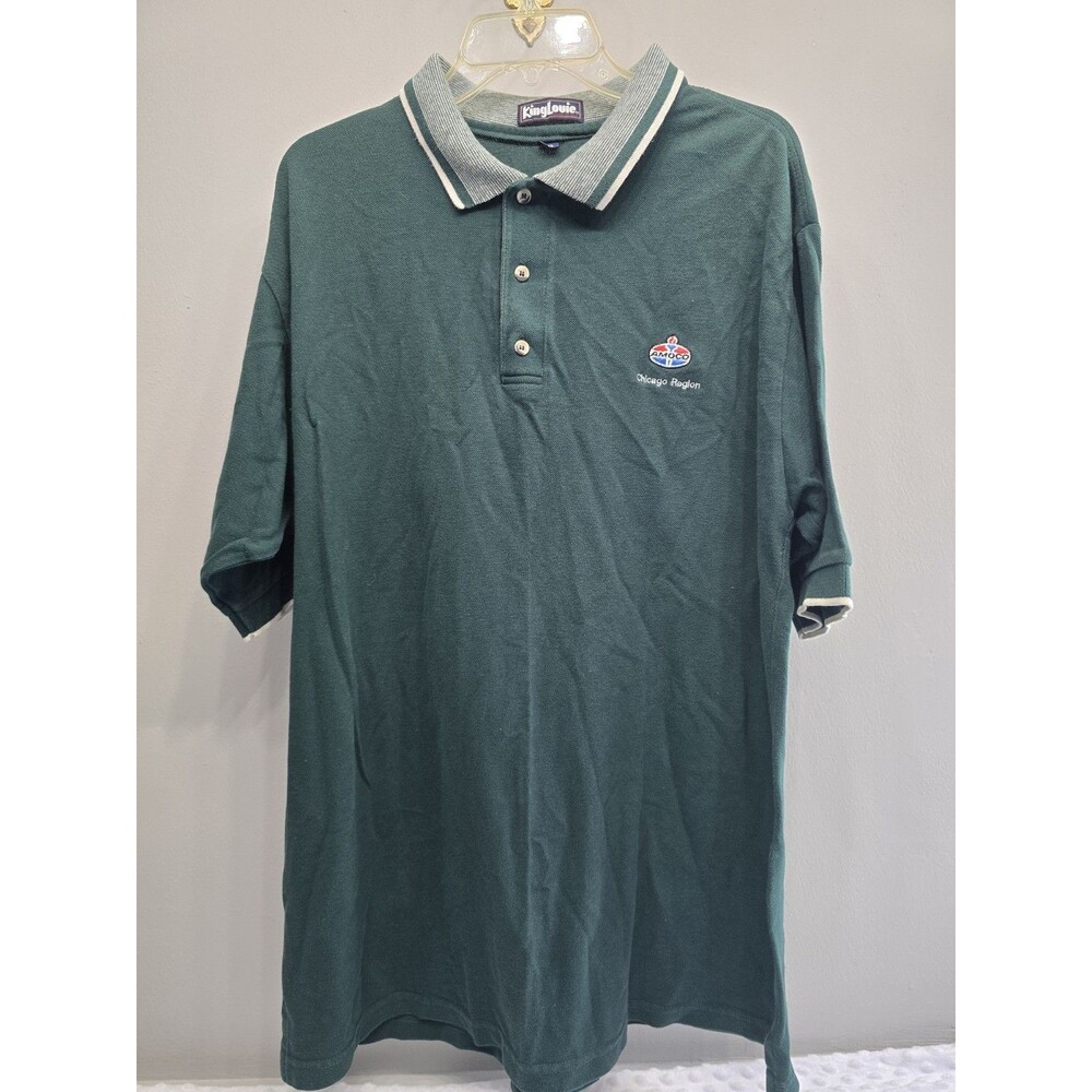 Vintage Amoco Men's 2XL Polo Shirt Chicago Region 100% Cotton Green Striped Cuff
